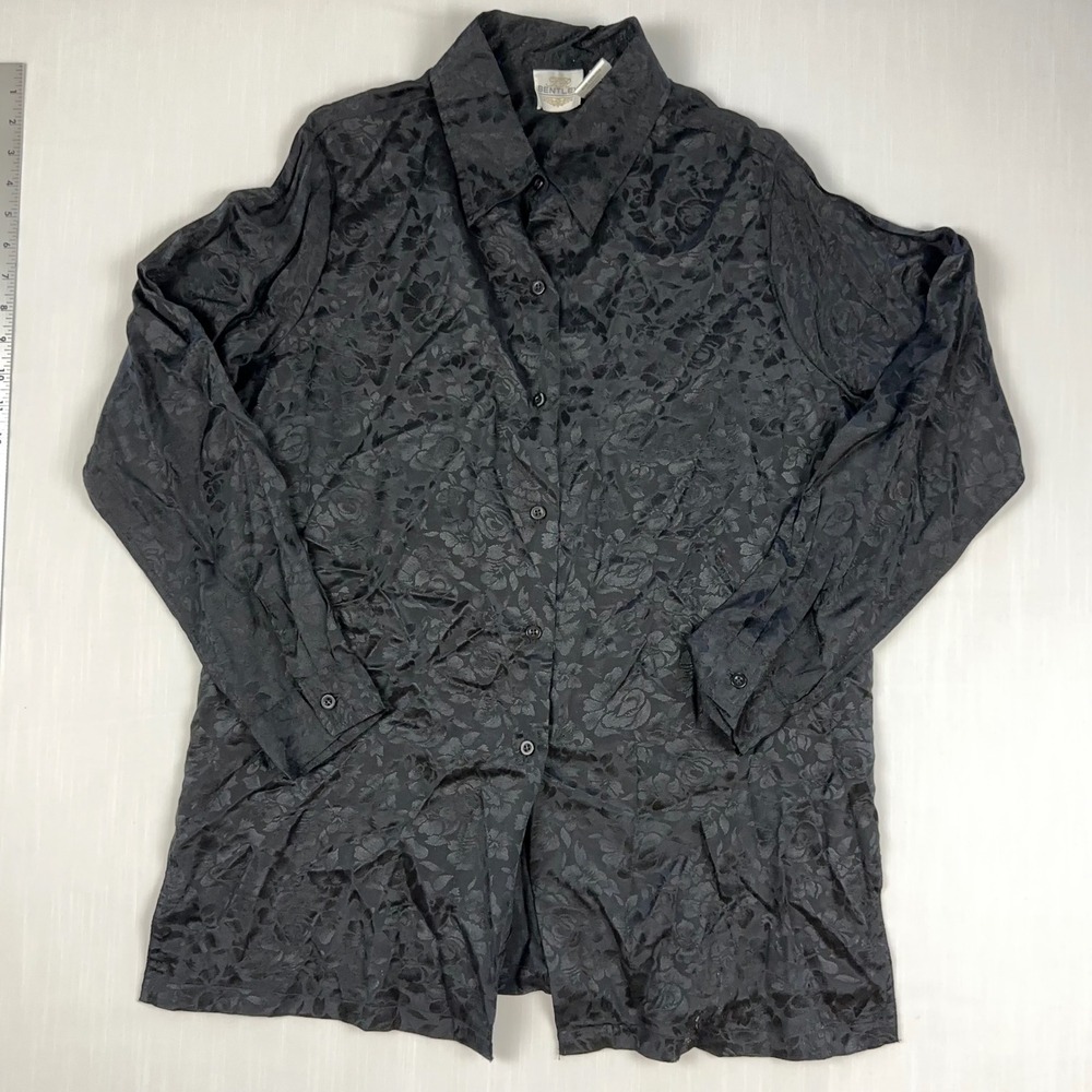 TR Bentley Womens Black Floral Jacquard Rayon Button Down Shirt Medium